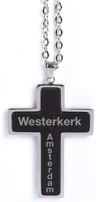 Gegraveerde houten hanger-ketting Kruis - Westerkerk gegraveerd