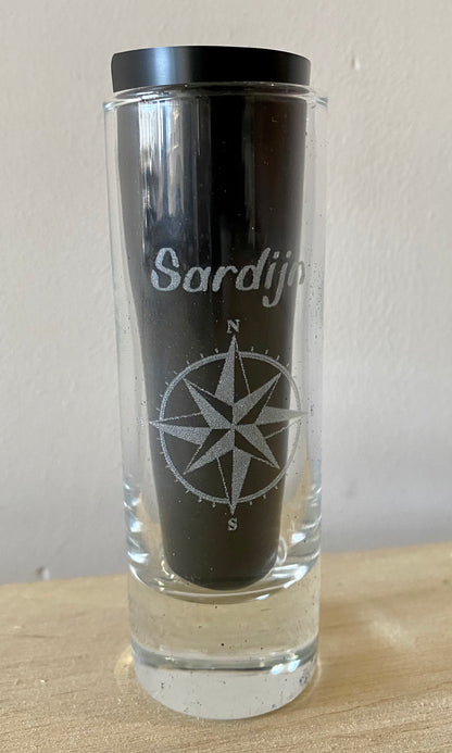 Shotglas set met houten doos, gepersonaliseerd.