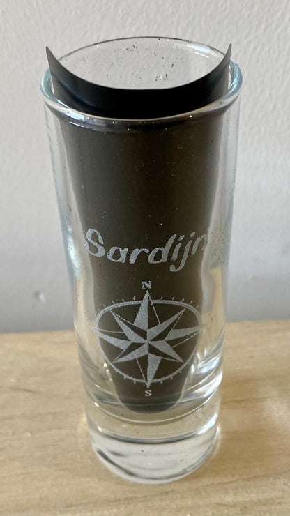 Shotglas set met houten doos, gepersonaliseerd.