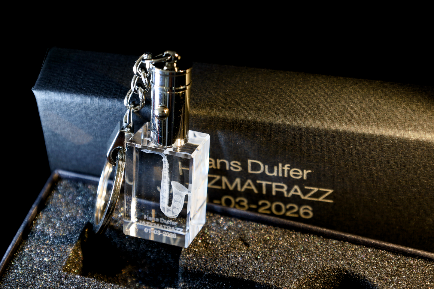 Sleutelhanger Saxofoon – 3D miniatuur met jouw eigen gravure