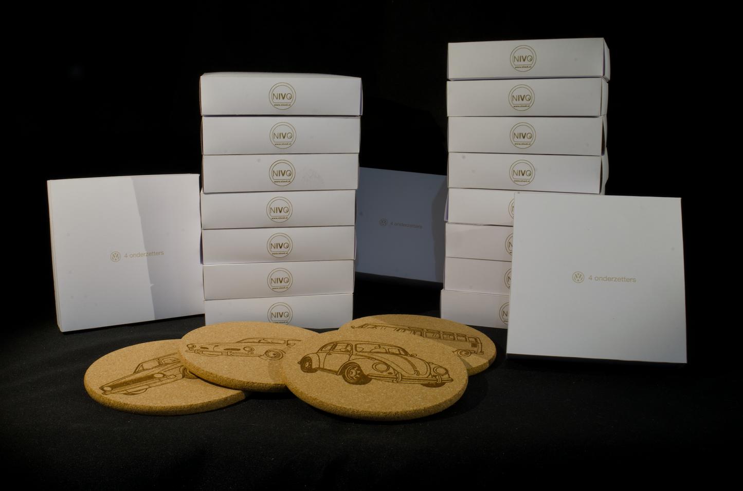 Onderzetters Kurk – Set van 4 Classic VW Afbeeldingen – Optioneel met Eigen Naam, Kenteken of VW-Type