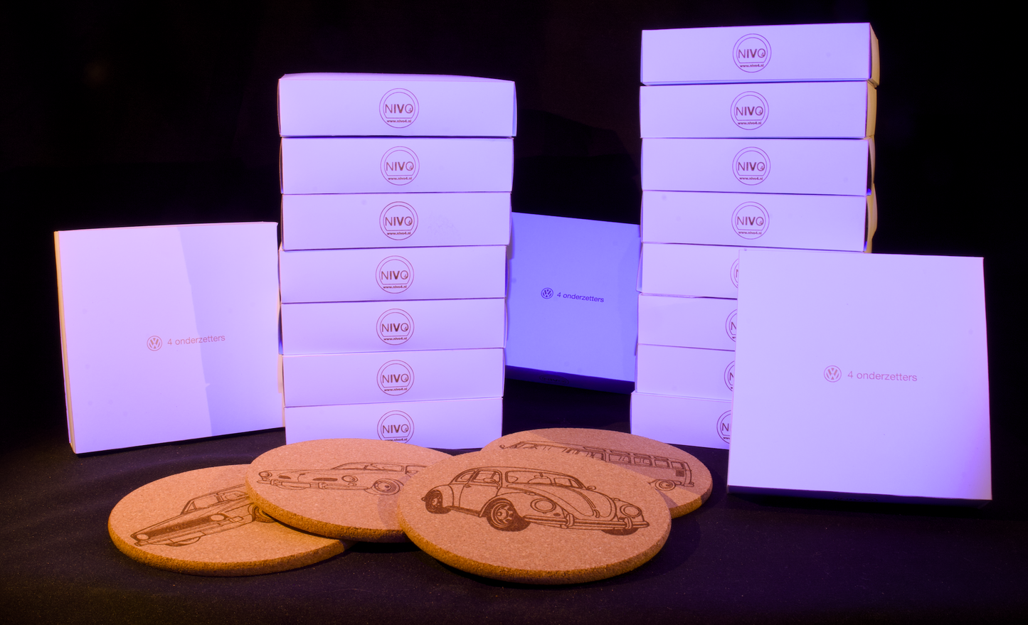 Onderzetters Kurk – Set van 4 Classic VW Afbeeldingen – Optioneel met Eigen Naam, Kenteken of VW-Type
