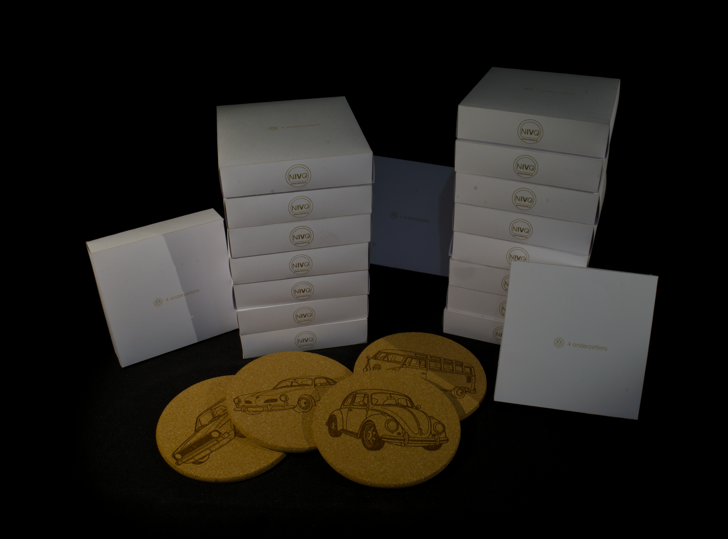 Onderzetters Kurk – Set van 4 Classic VW Afbeeldingen – Optioneel met Eigen Naam, Kenteken of VW-Type