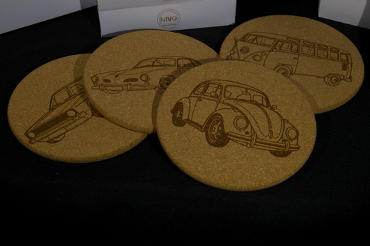 Onderzetters Kurk – Set van 4 Classic VW Afbeeldingen – Optioneel met Eigen Naam, Kenteken of VW-Type