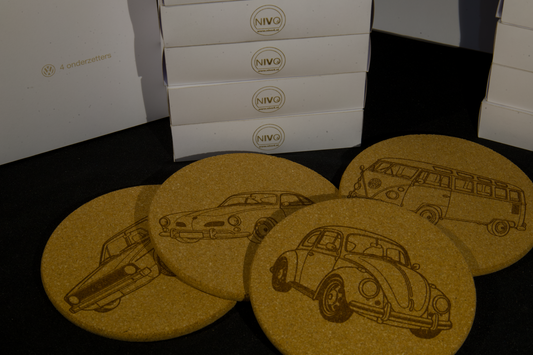 Onderzetters Kurk – Set van 4 Classic VW Afbeeldingen – Optioneel met Eigen Naam, Kenteken of VW-Type